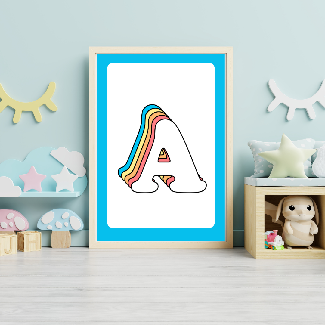 Retro rainbow initial alphabet print with blue border