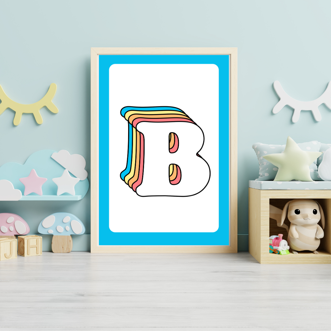 Retro rainbow initial alphabet print with blue border
