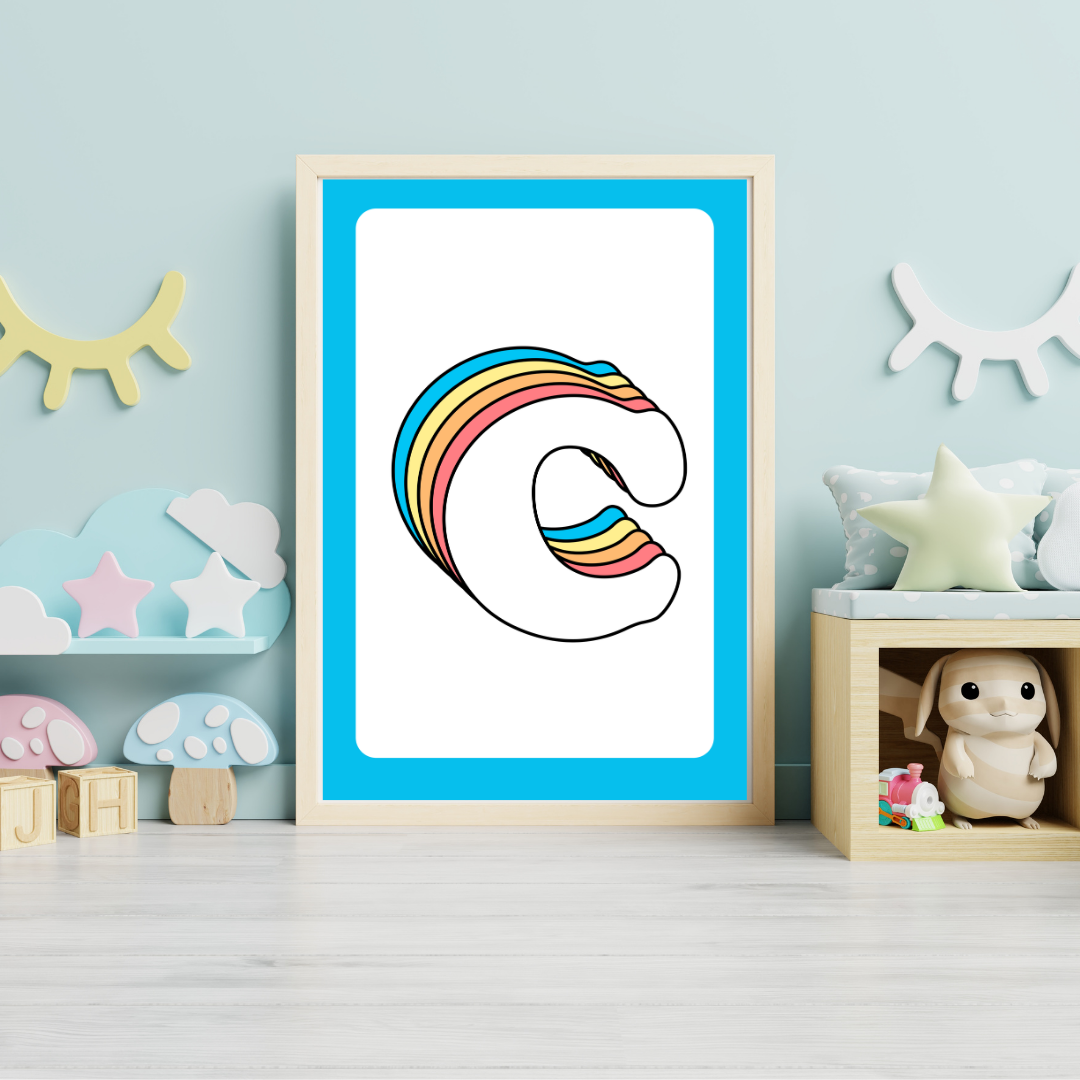 Retro rainbow initial alphabet print with blue border