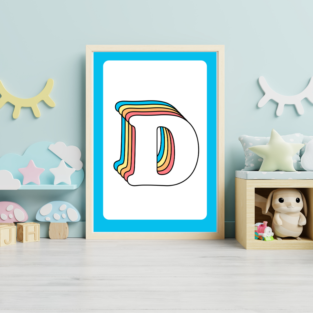 Retro rainbow initial alphabet print with blue border