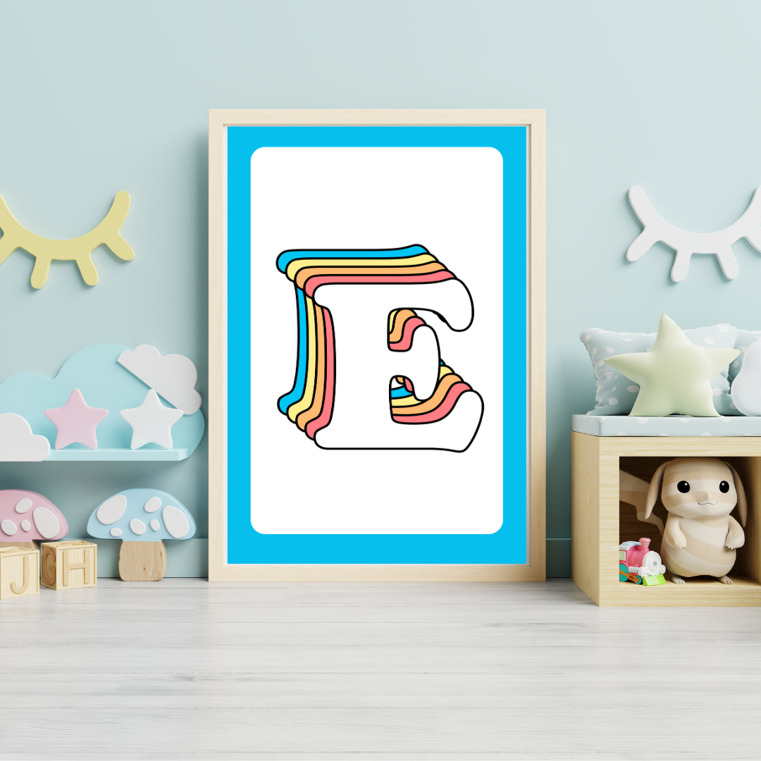 Retro rainbow initial alphabet print with blue border