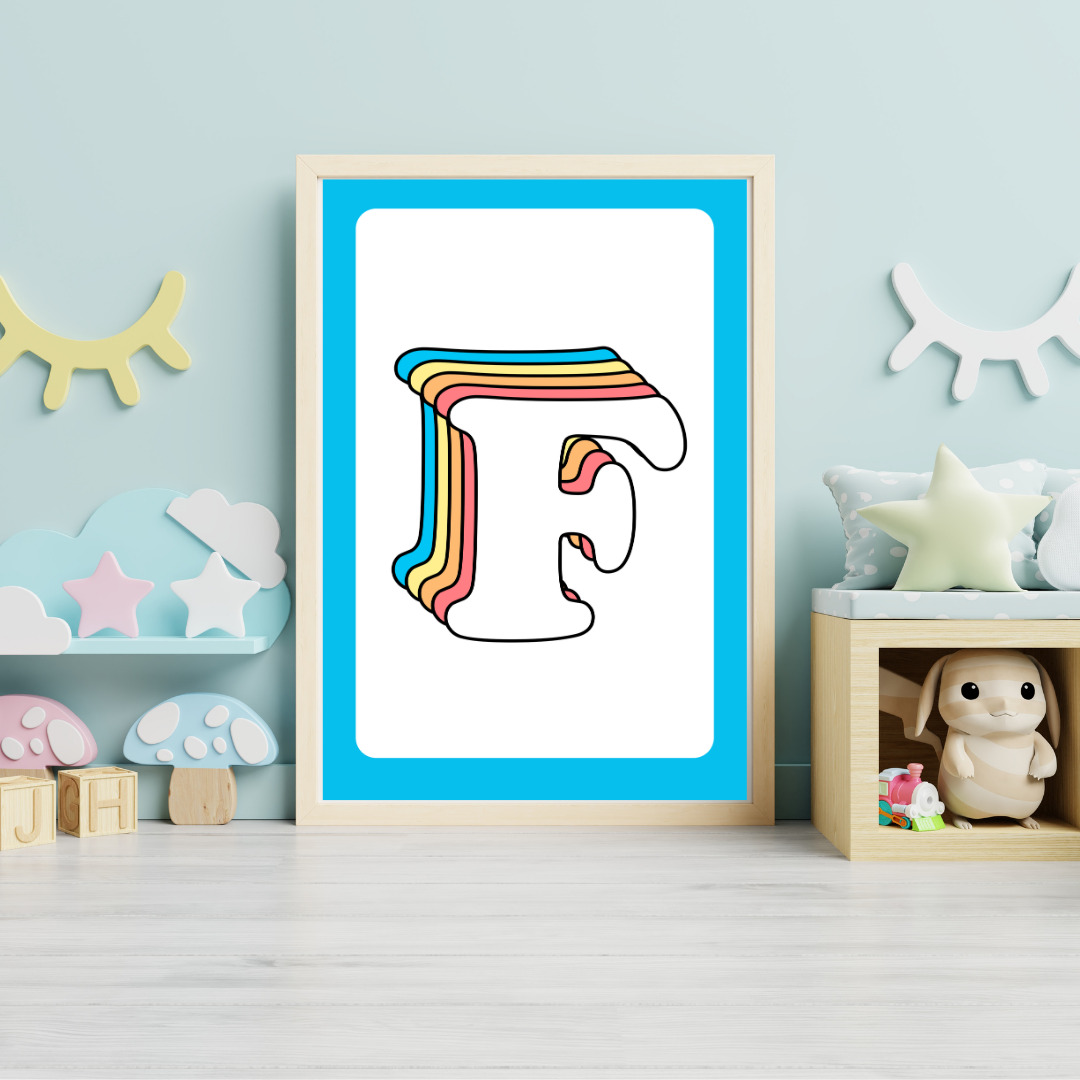 Retro rainbow initial alphabet print with blue border