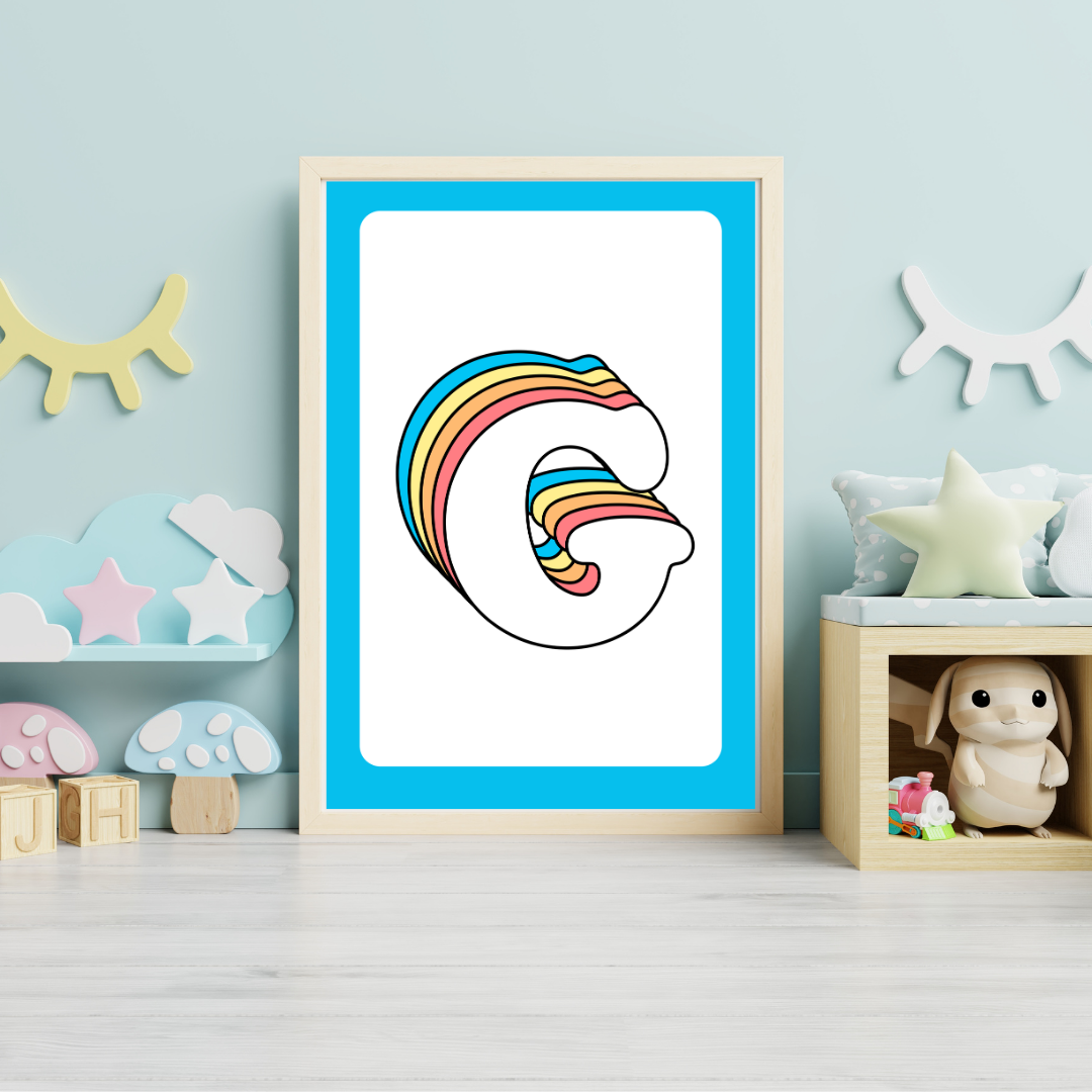 Retro rainbow initial alphabet print with blue border