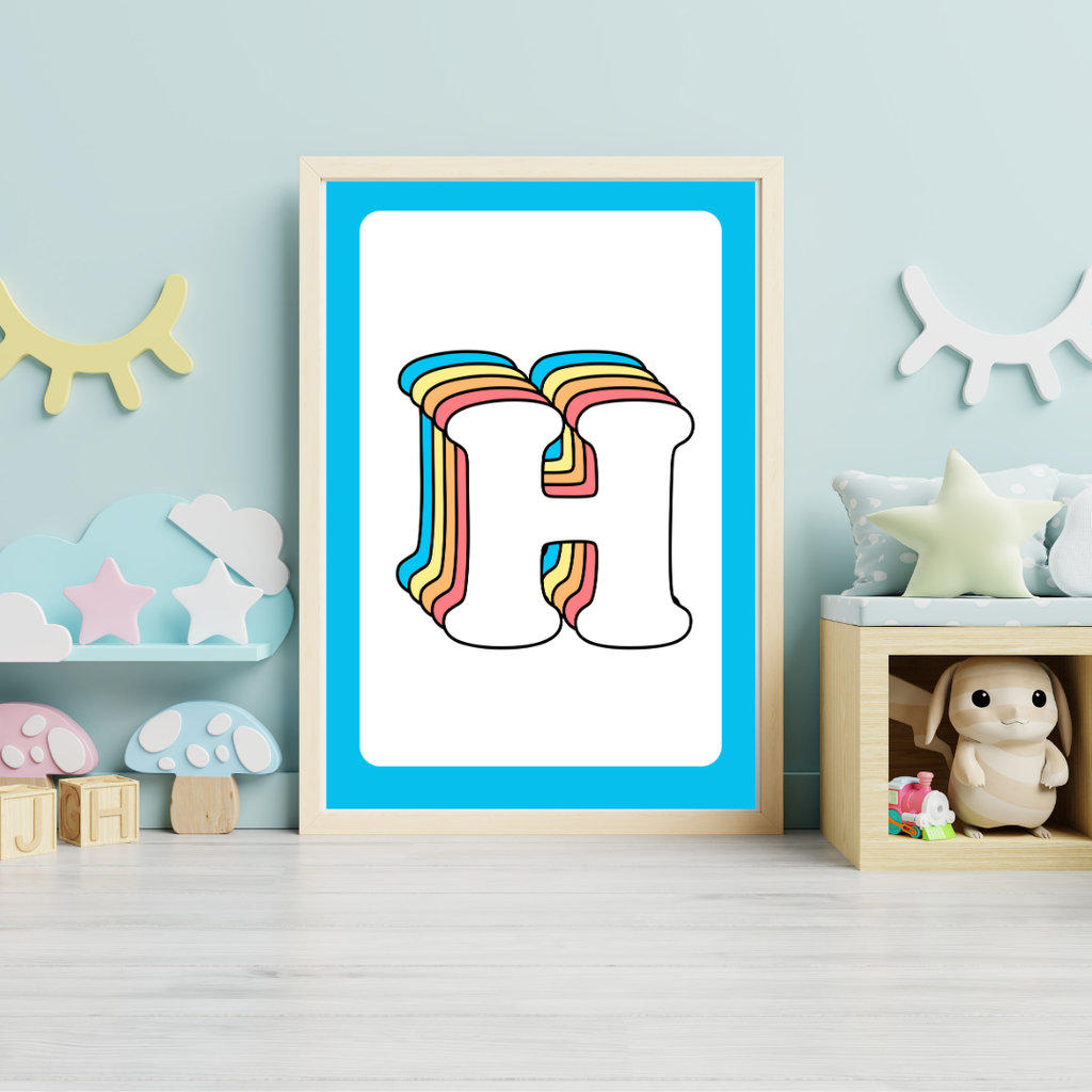 Retro rainbow initial alphabet print with blue border