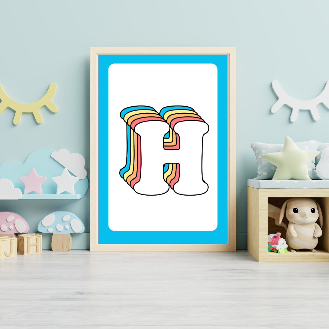 Retro rainbow initial alphabet print with blue border