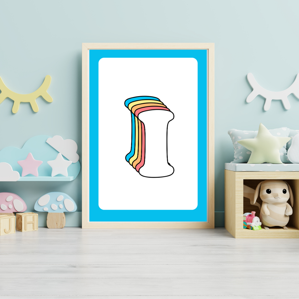 Retro rainbow initial alphabet print with blue border