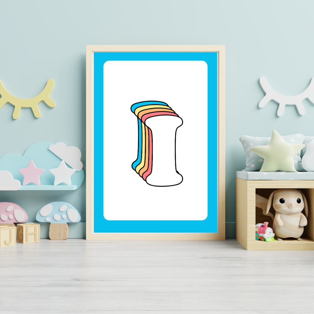 Retro rainbow initial alphabet print with blue border