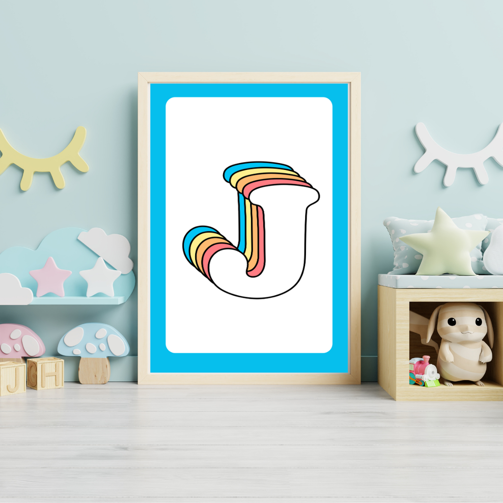 Retro rainbow initial alphabet print with blue border