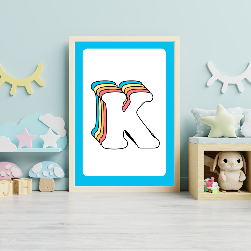 Retro rainbow initial alphabet print with blue border