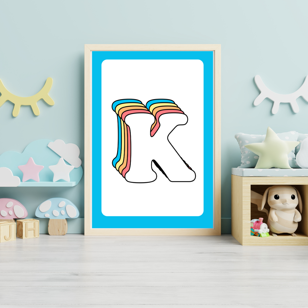 Retro rainbow initial alphabet print with blue border