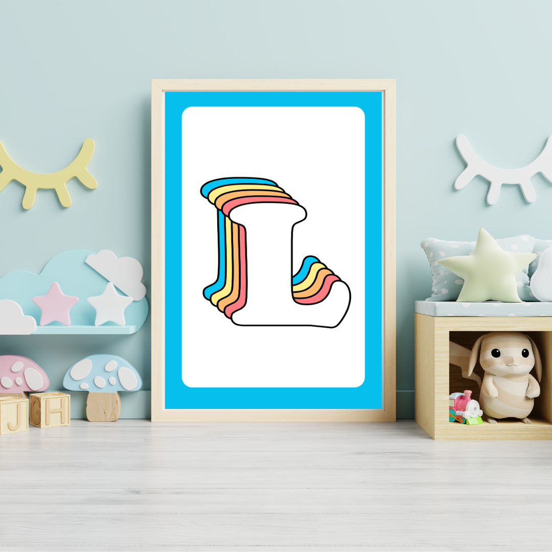 Retro rainbow initial alphabet print with blue border