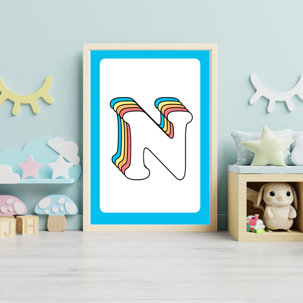 Retro rainbow initial alphabet print with blue border