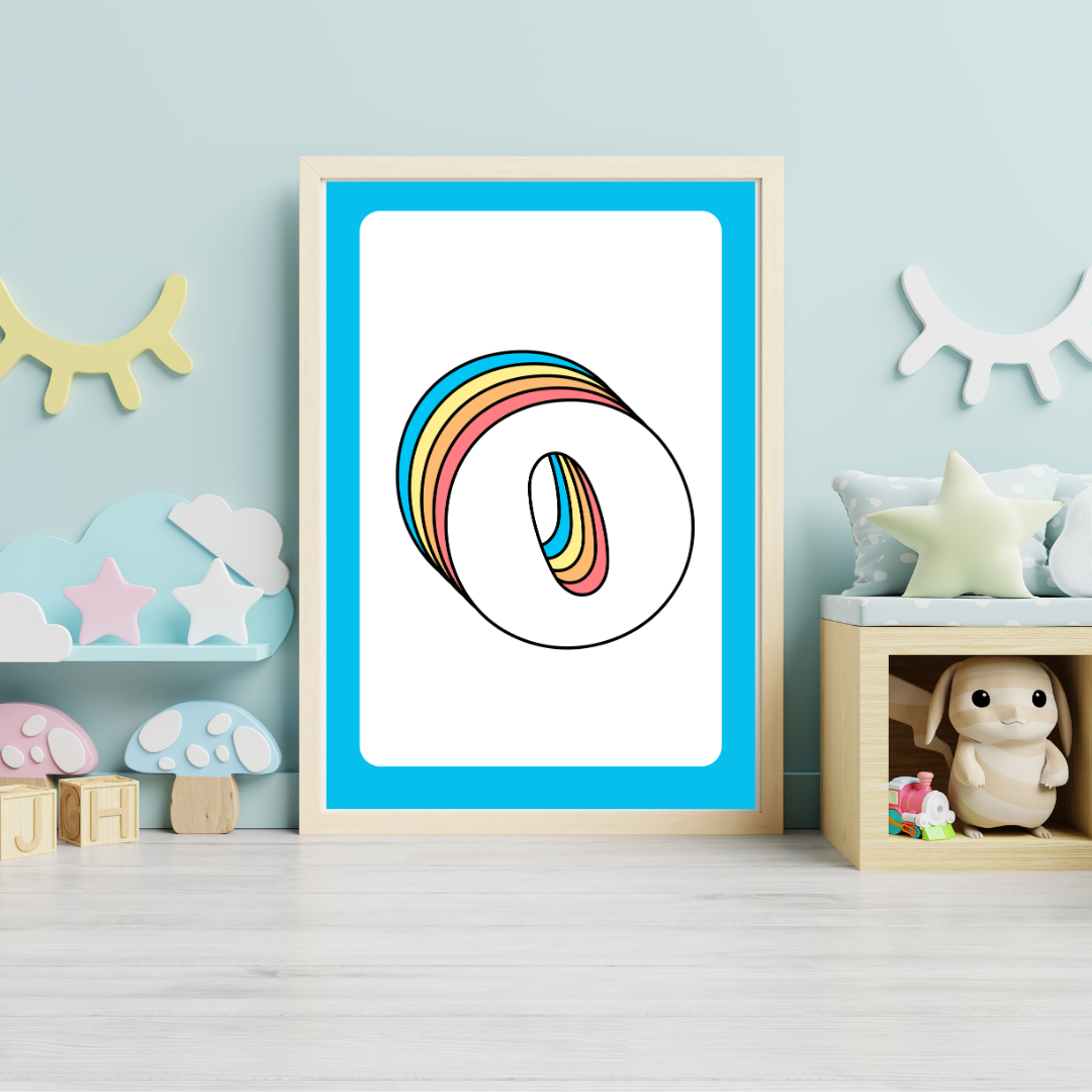 Retro rainbow initial alphabet print with blue border