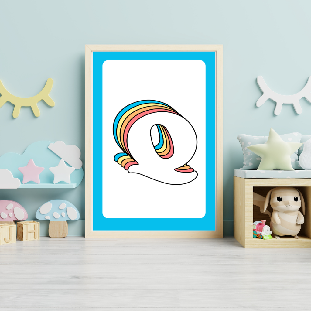 Retro rainbow initial alphabet print with blue border