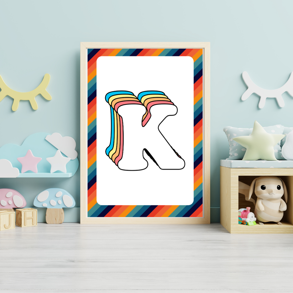 Retro rainbow initial alphabet print with striped border