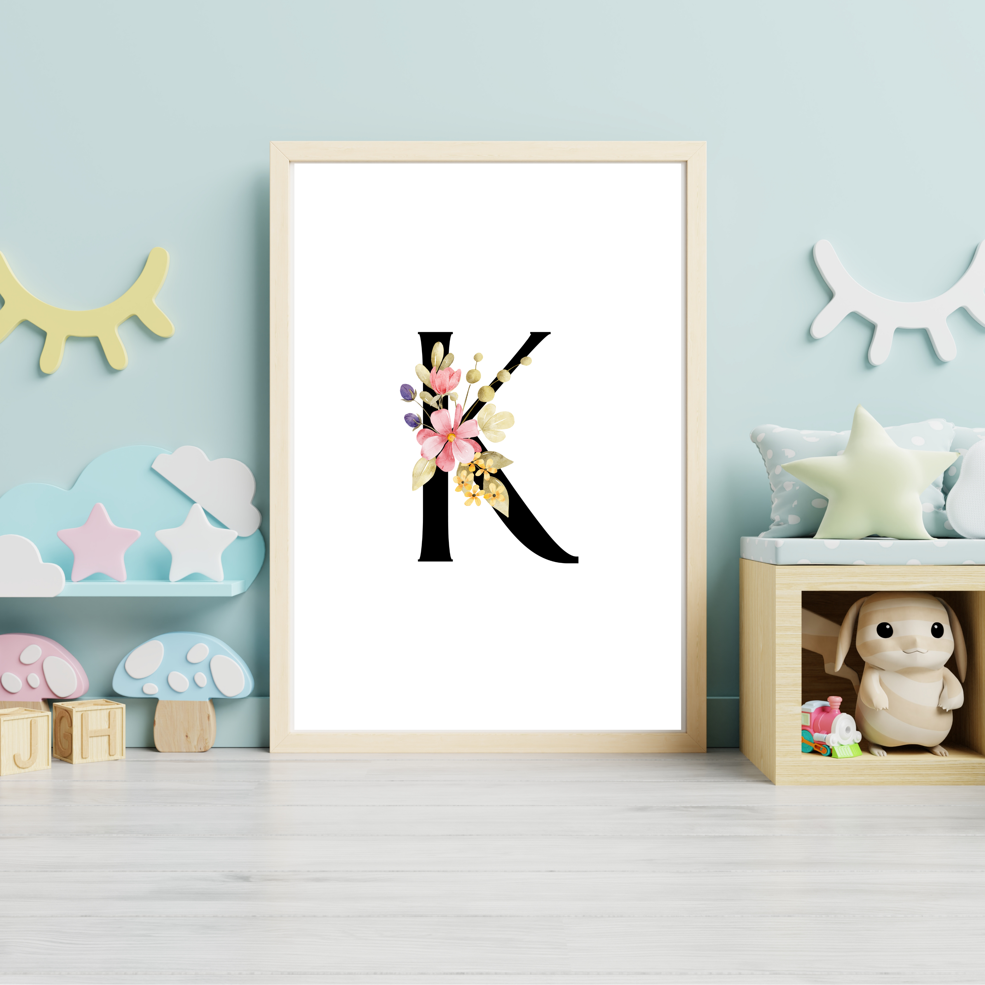 Floral prints with black initials