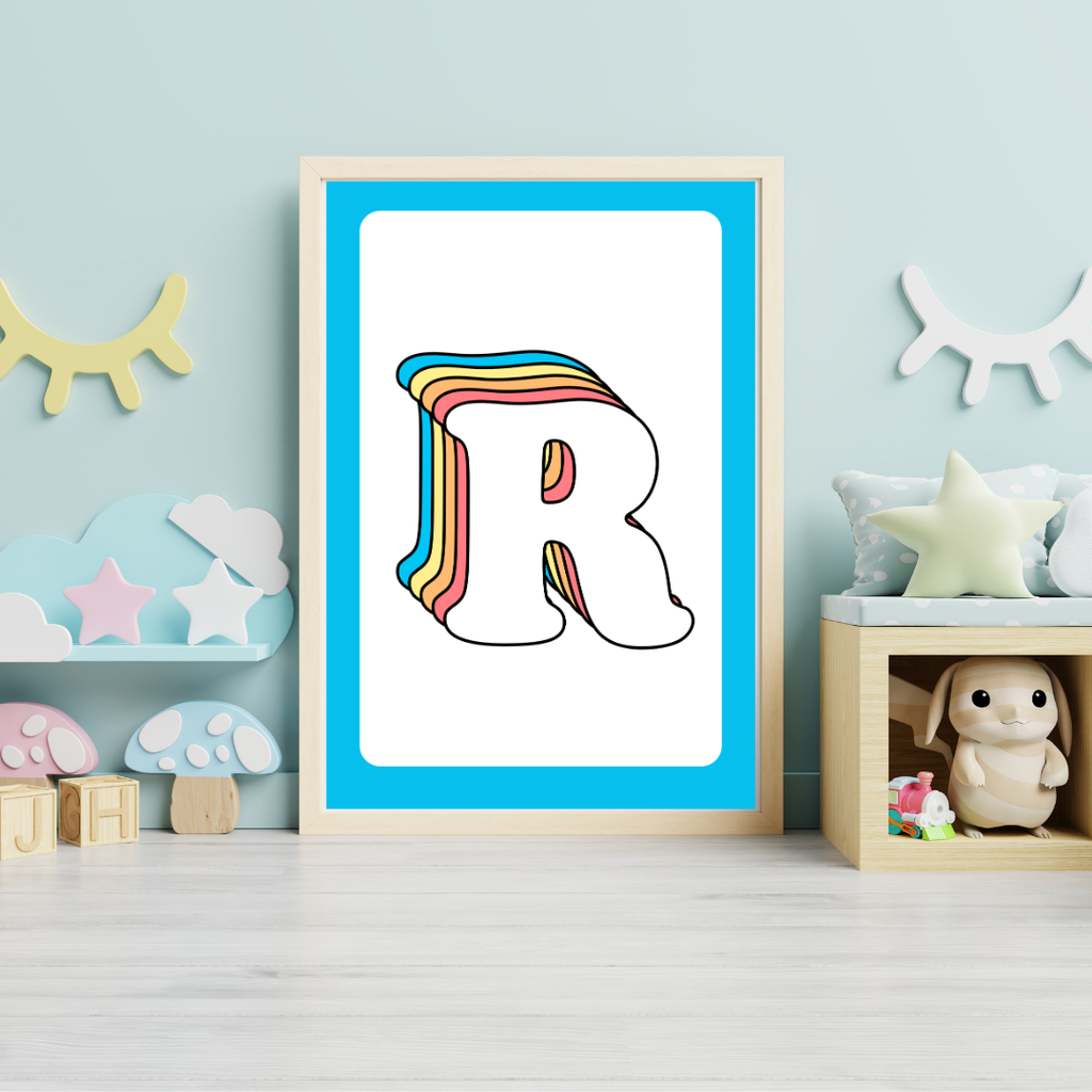 Retro rainbow initial alphabet print with blue border