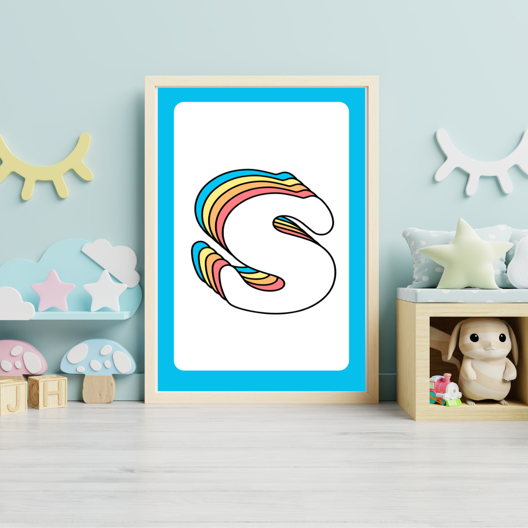 Retro rainbow initial alphabet print with blue border