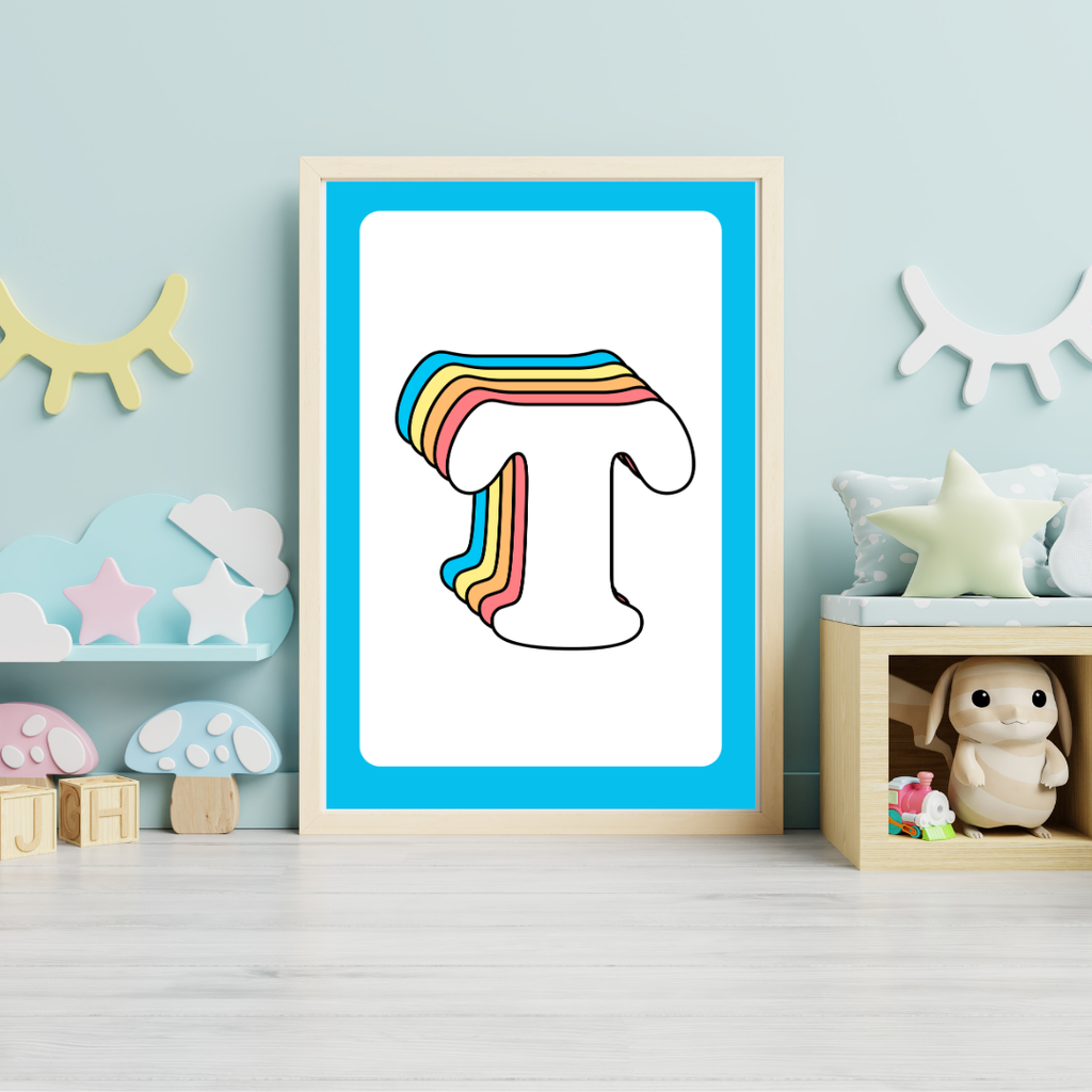 Retro rainbow initial alphabet print with blue border