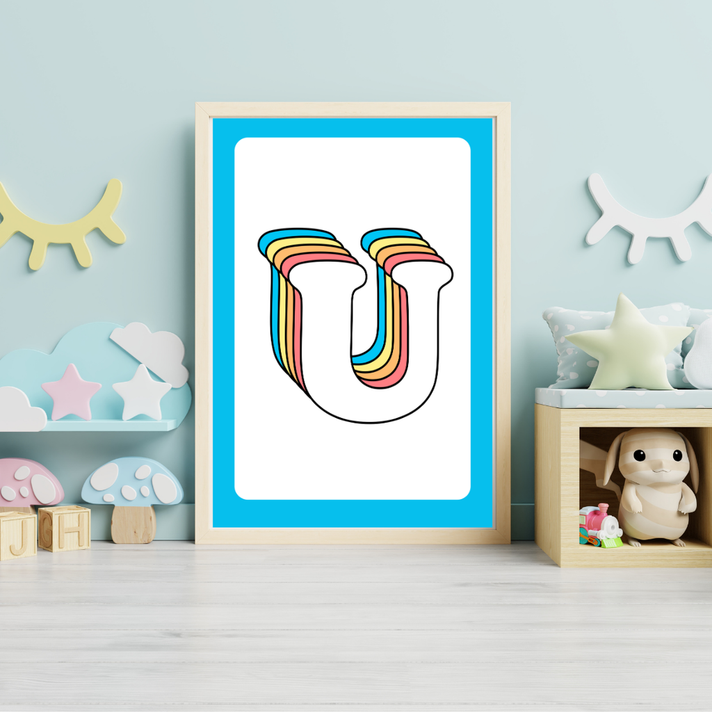 Retro rainbow initial alphabet print with blue border