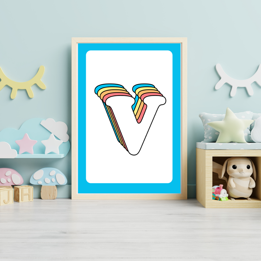 Retro rainbow initial alphabet print with blue border