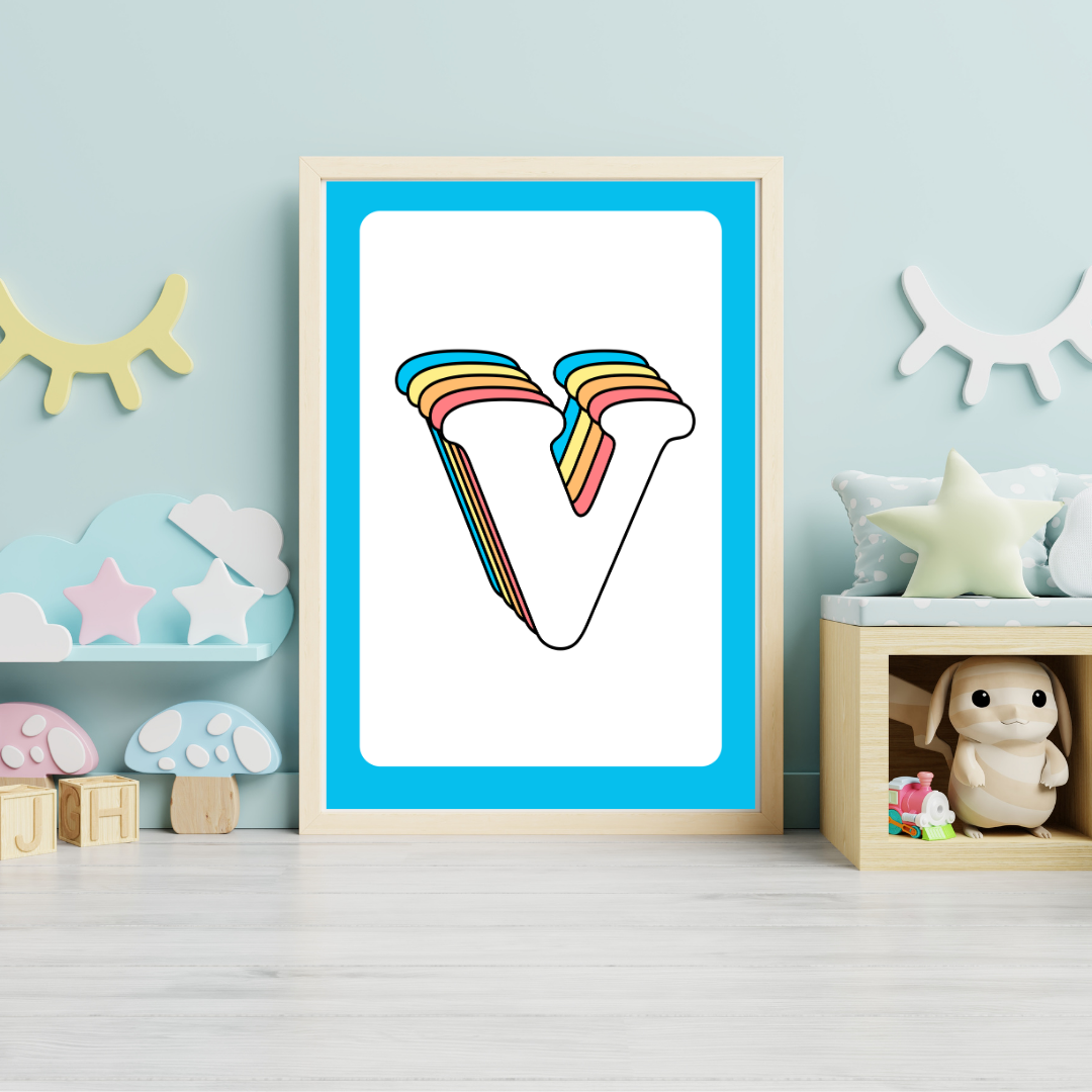 Retro rainbow initial alphabet print with blue border