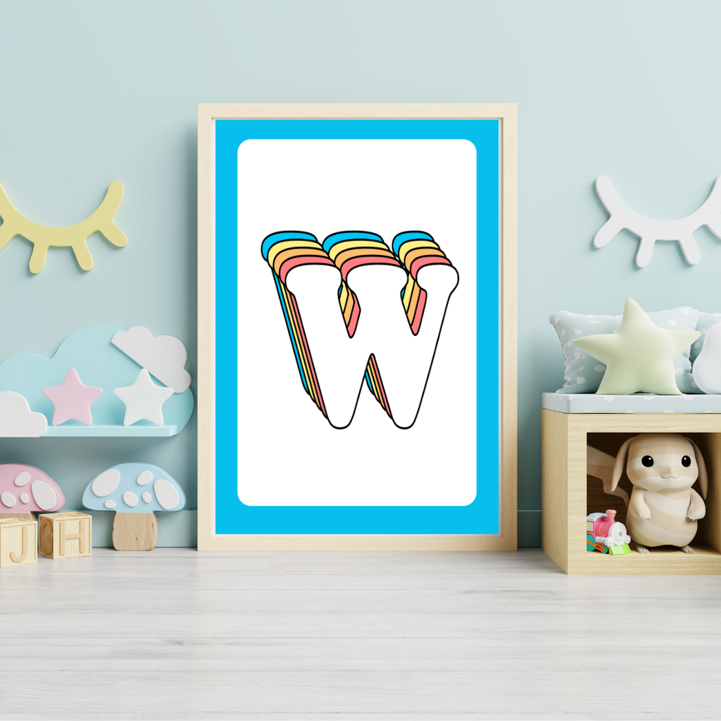 Retro rainbow initial alphabet print with blue border