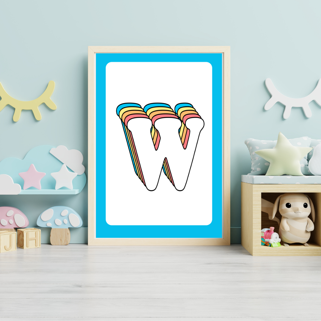 Retro rainbow initial alphabet print with blue border