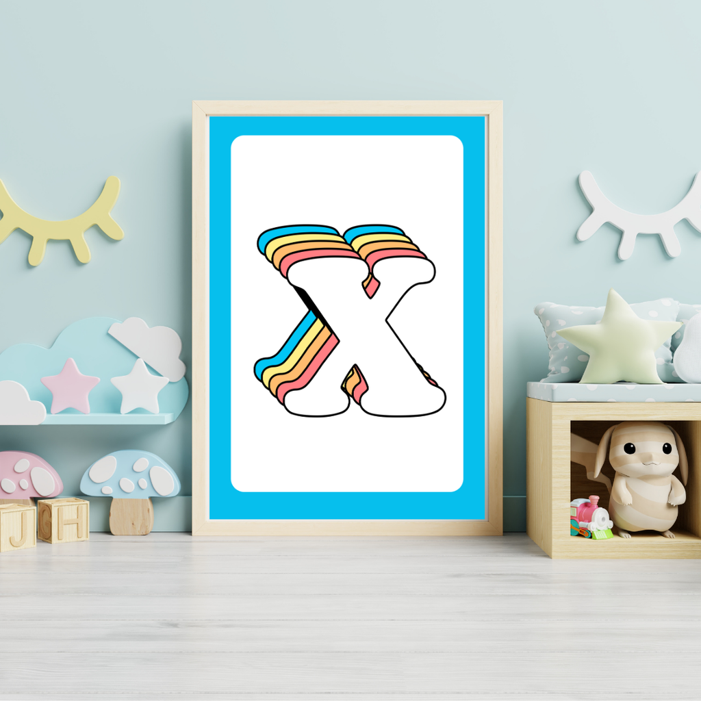 Retro rainbow initial alphabet print with blue border
