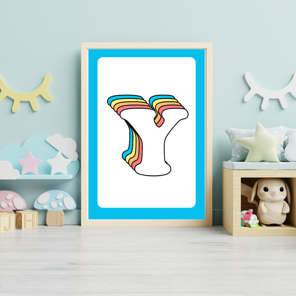 Retro rainbow initial alphabet print with blue border
