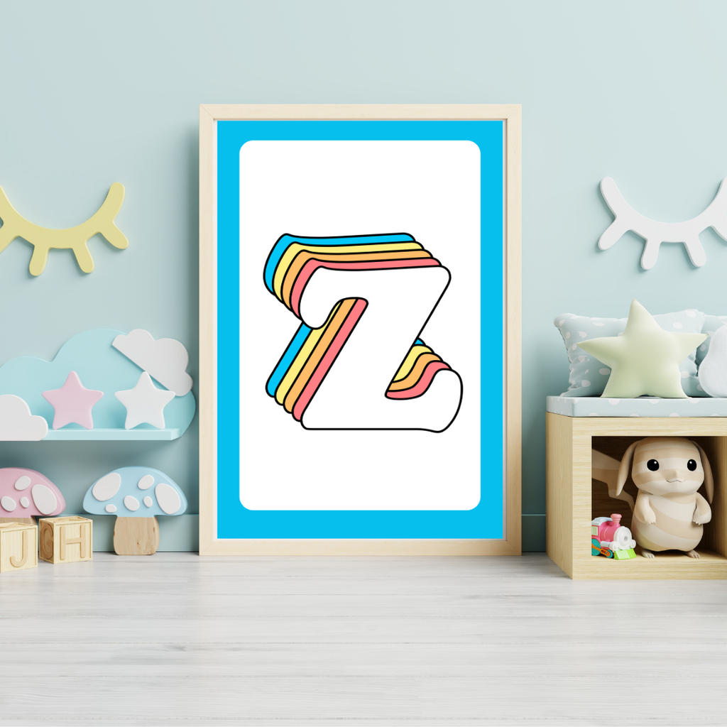 Retro rainbow initial alphabet print with blue border