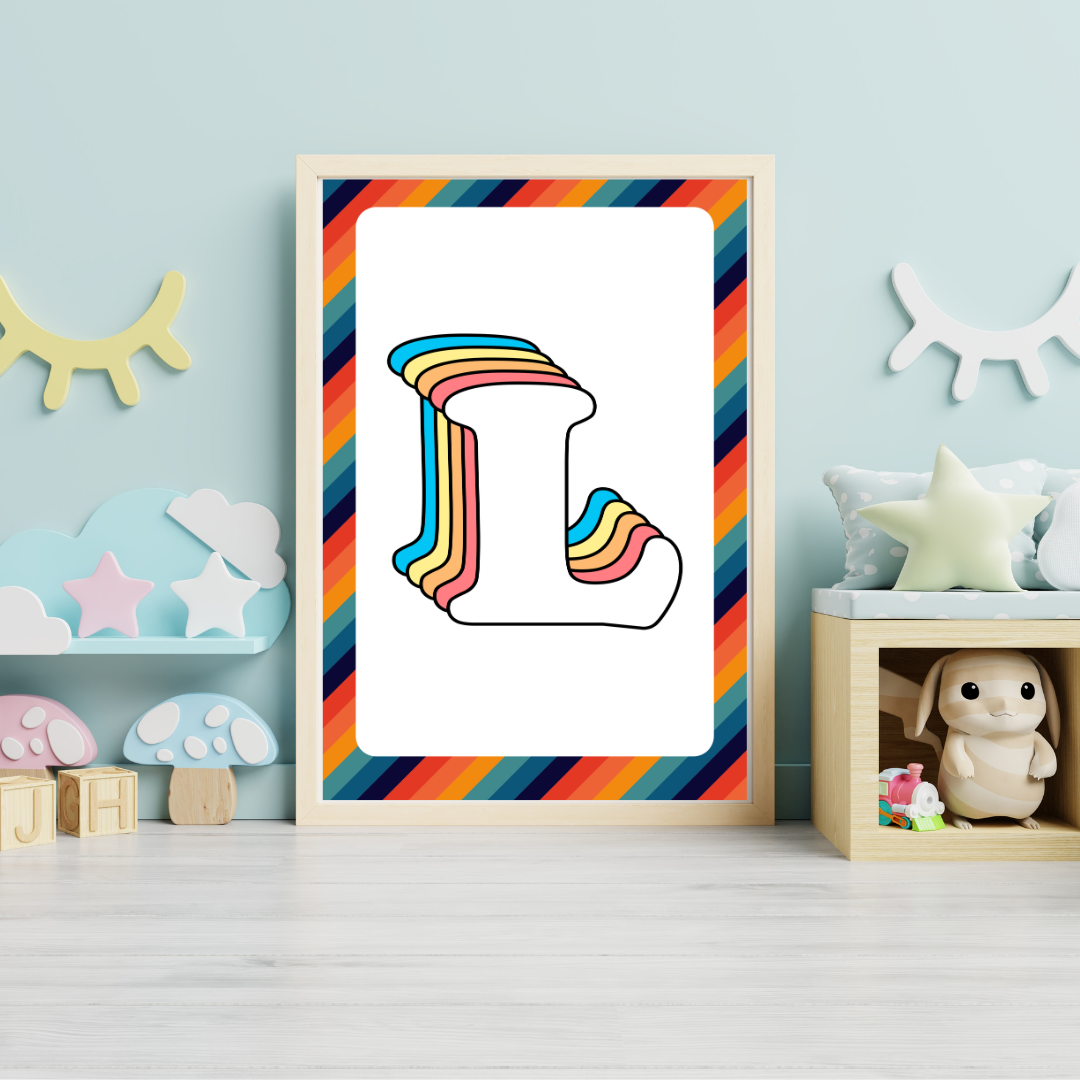 Retro rainbow initial alphabet print with striped border