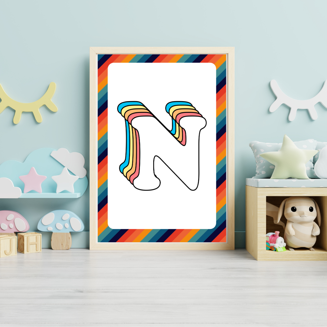 Retro rainbow initial alphabet print with striped border
