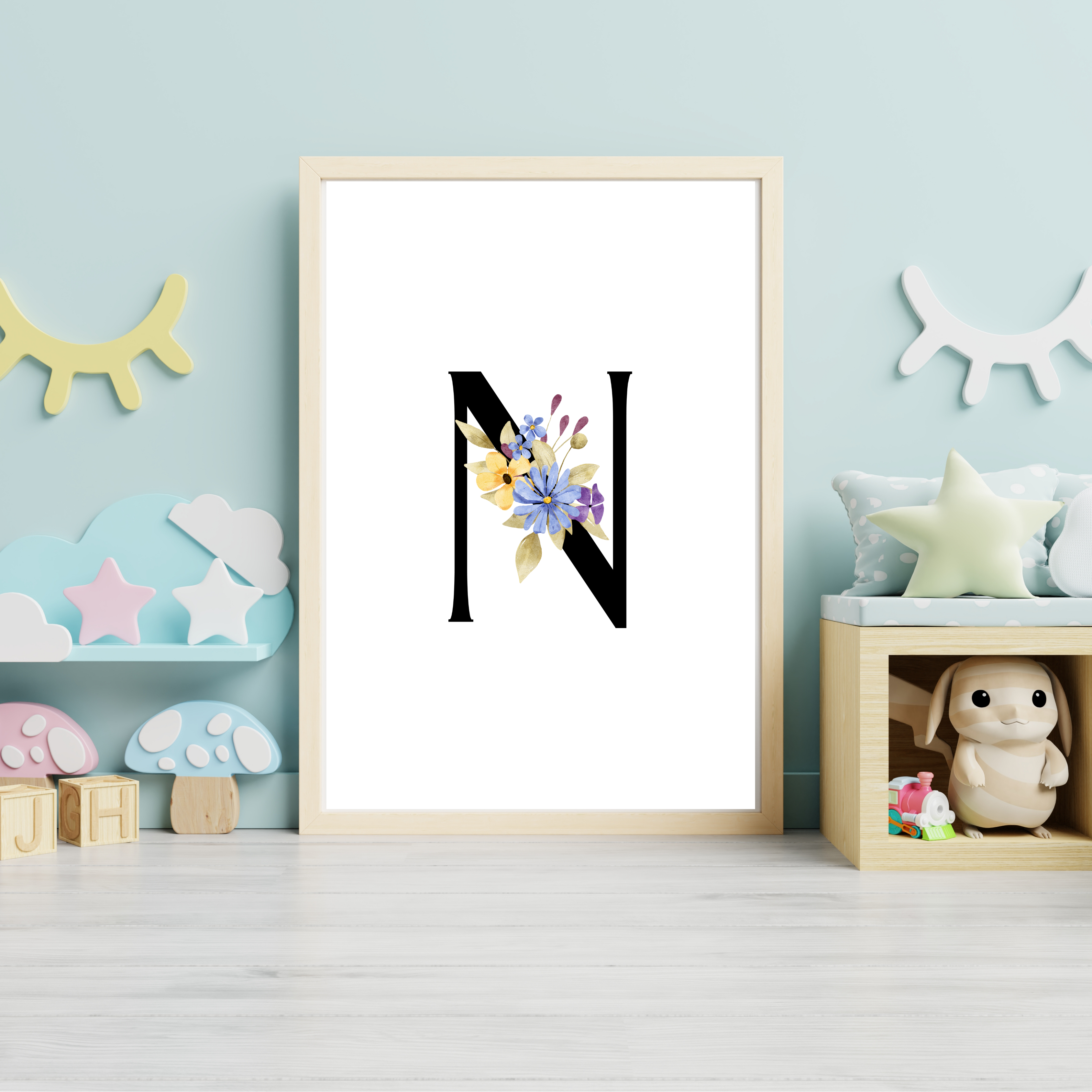 Floral prints with black initials