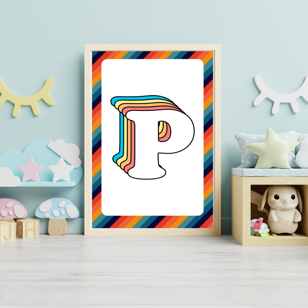 Retro rainbow initial alphabet print with striped border
