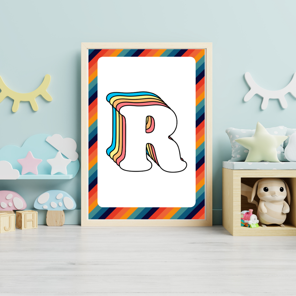 Retro rainbow initial alphabet print with striped border