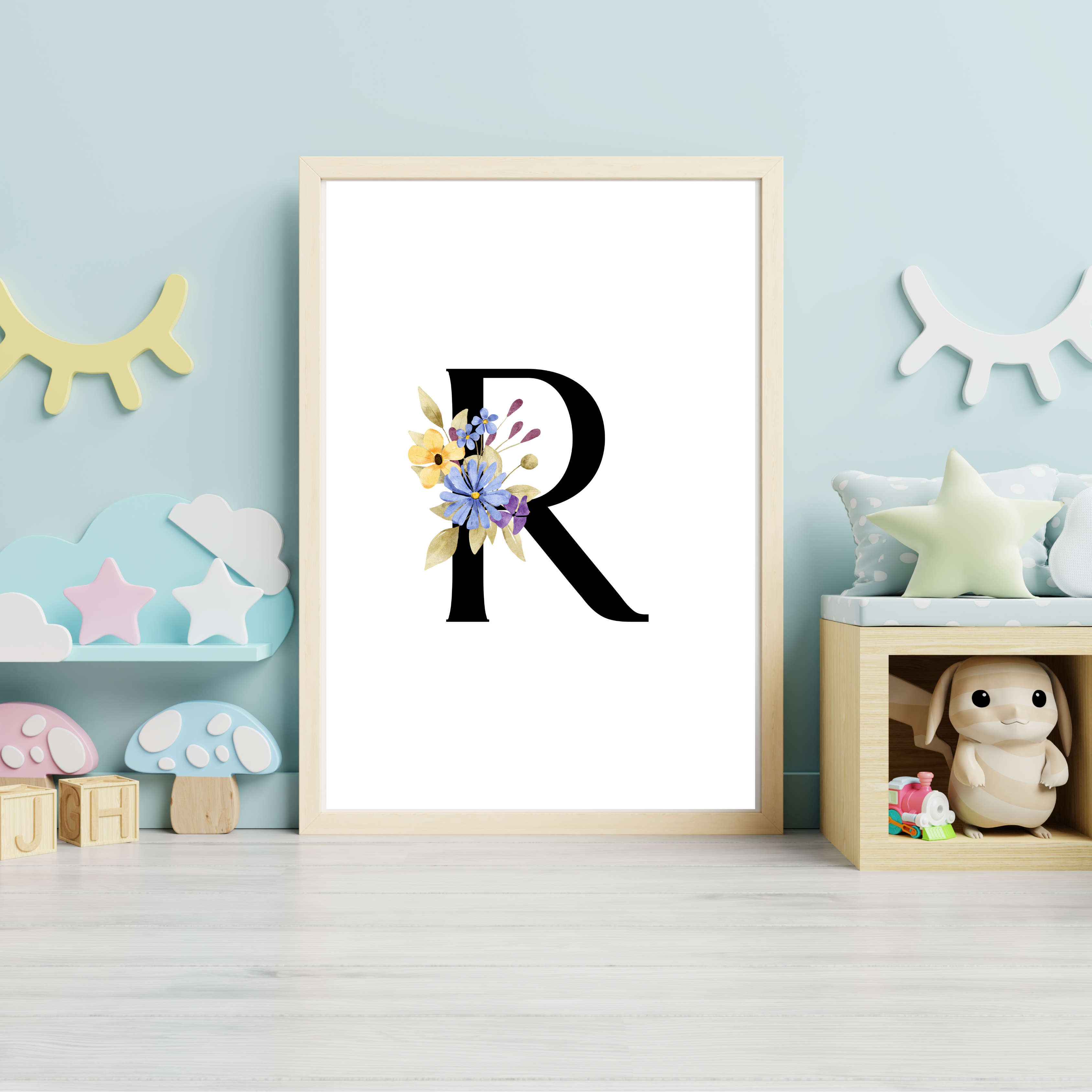 Floral prints with black initials