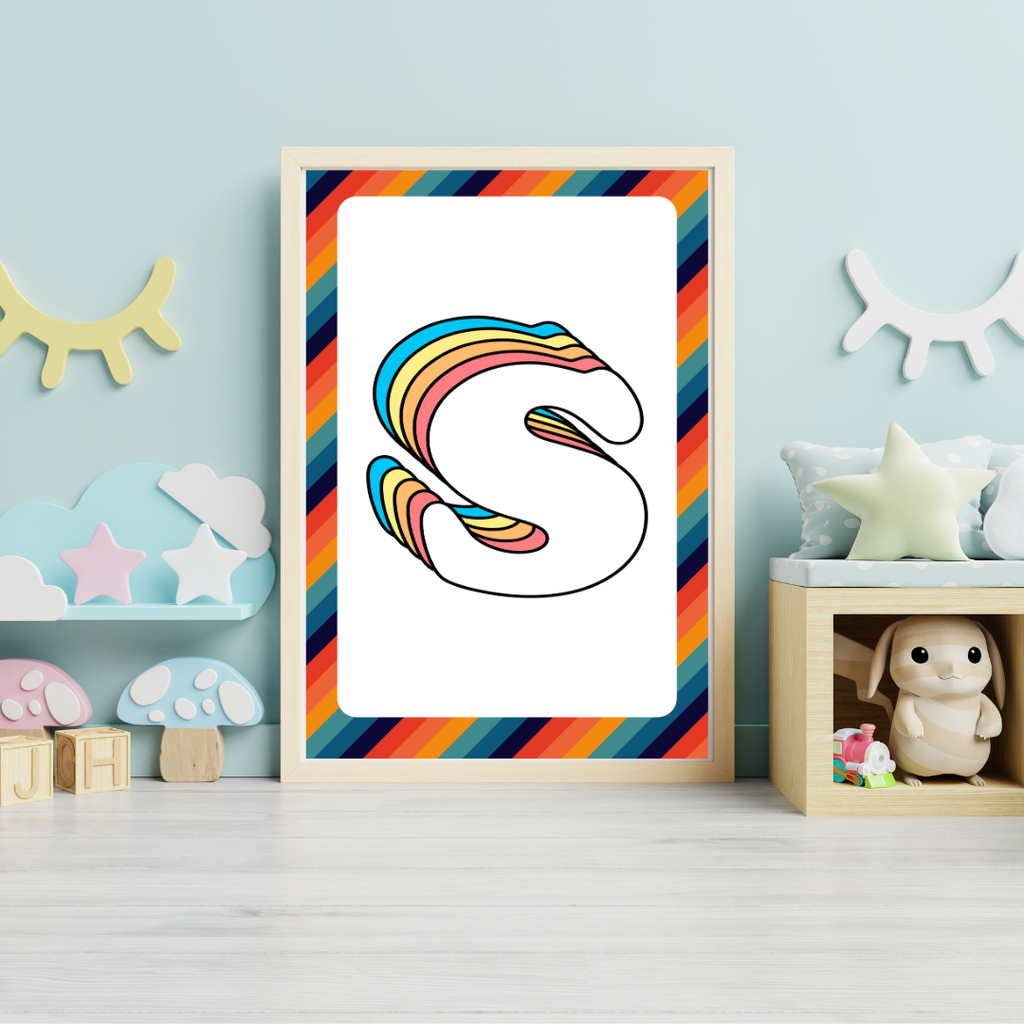 Retro rainbow initial alphabet print with striped border