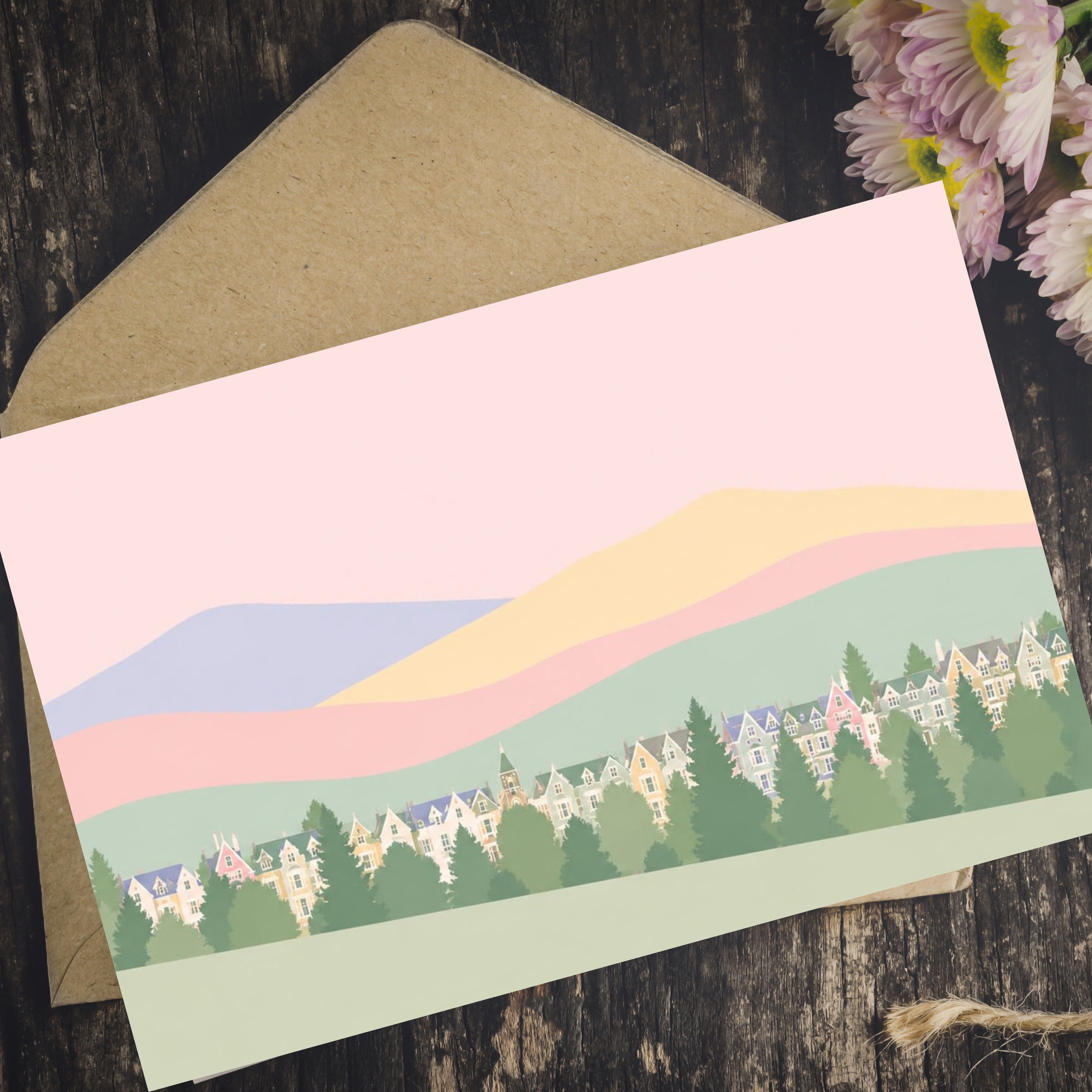 Keswick town and hill pastel greeting card