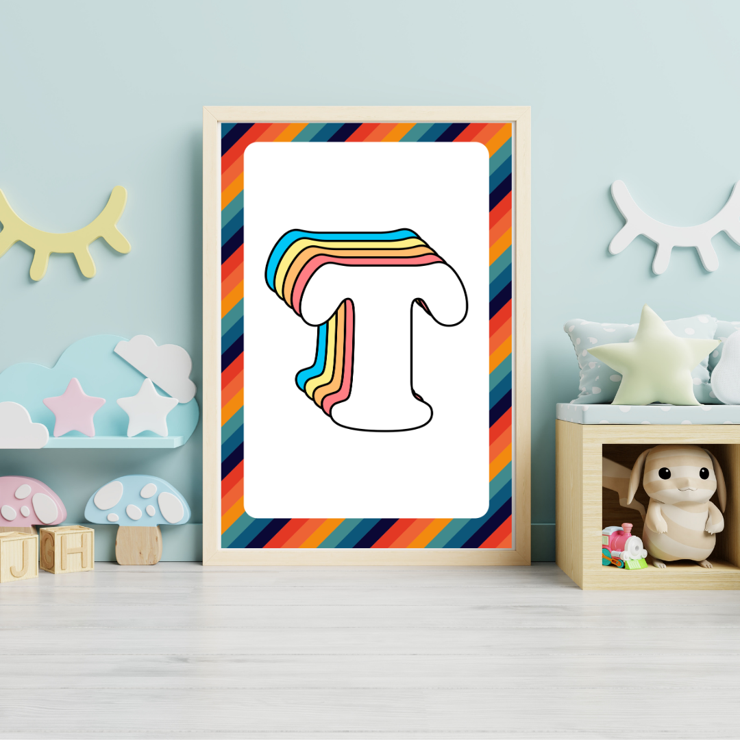 Retro rainbow initial alphabet print with striped border