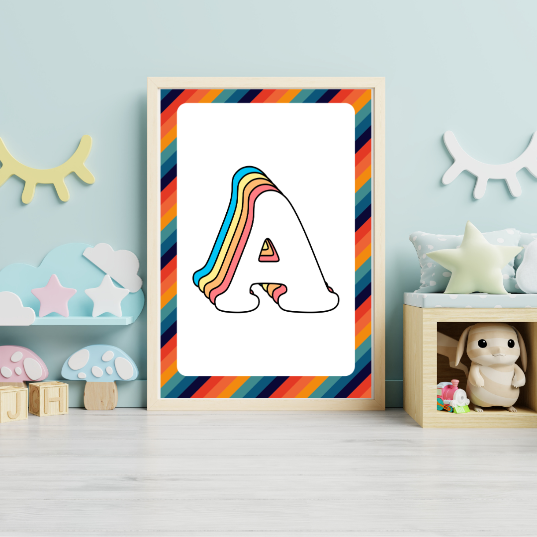 Retro rainbow initial alphabet print with striped border