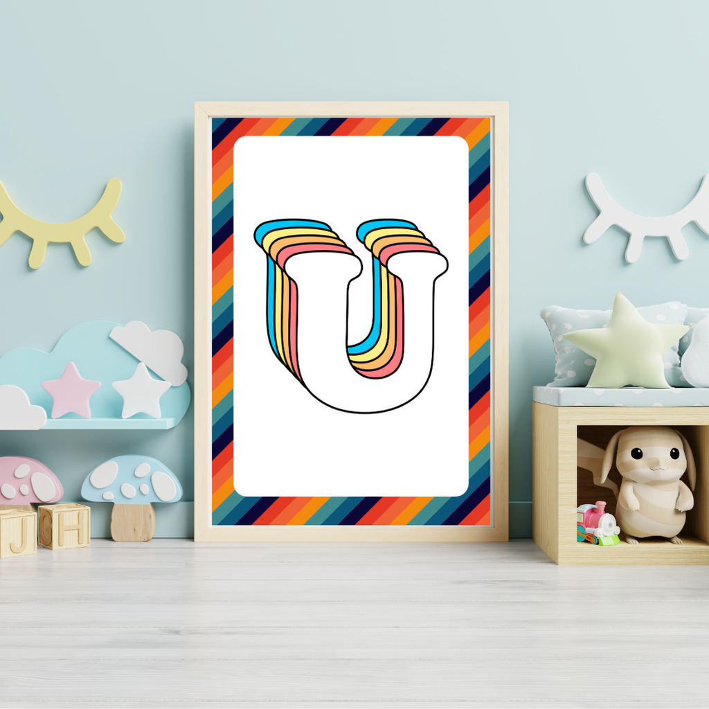 Retro rainbow initial alphabet print with striped border