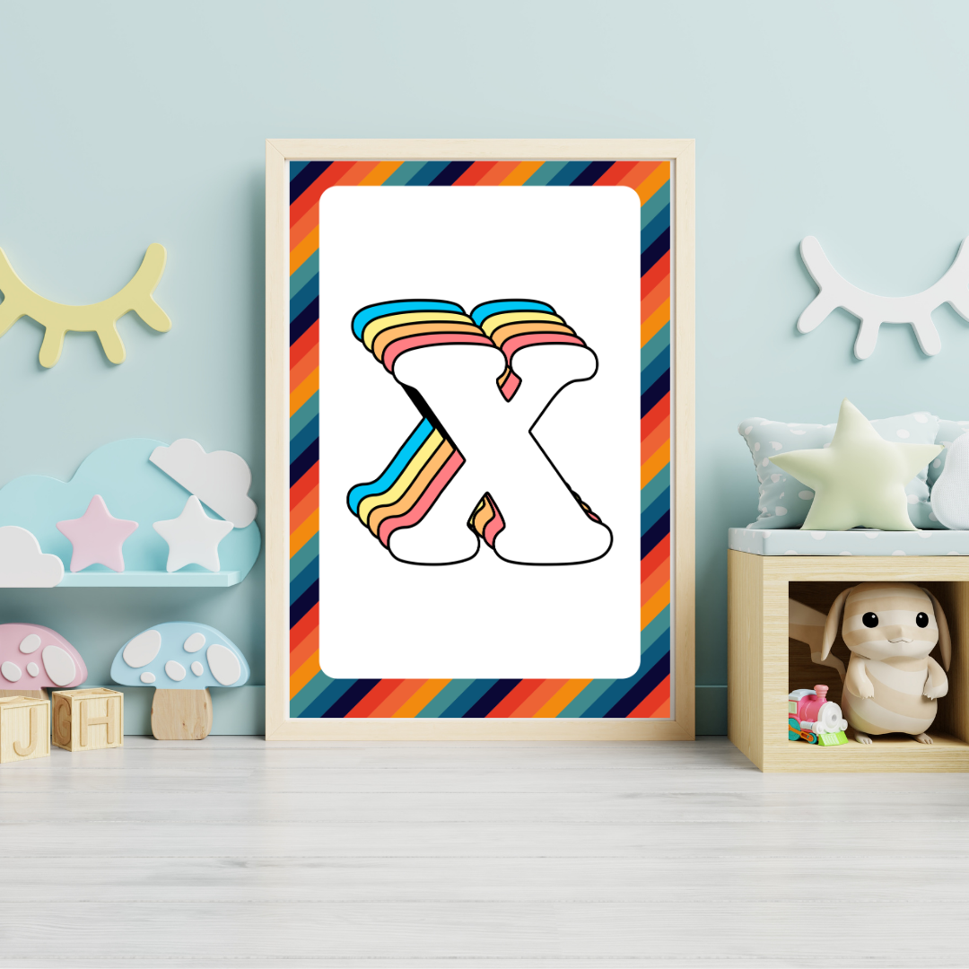 Retro rainbow initial alphabet print with striped border