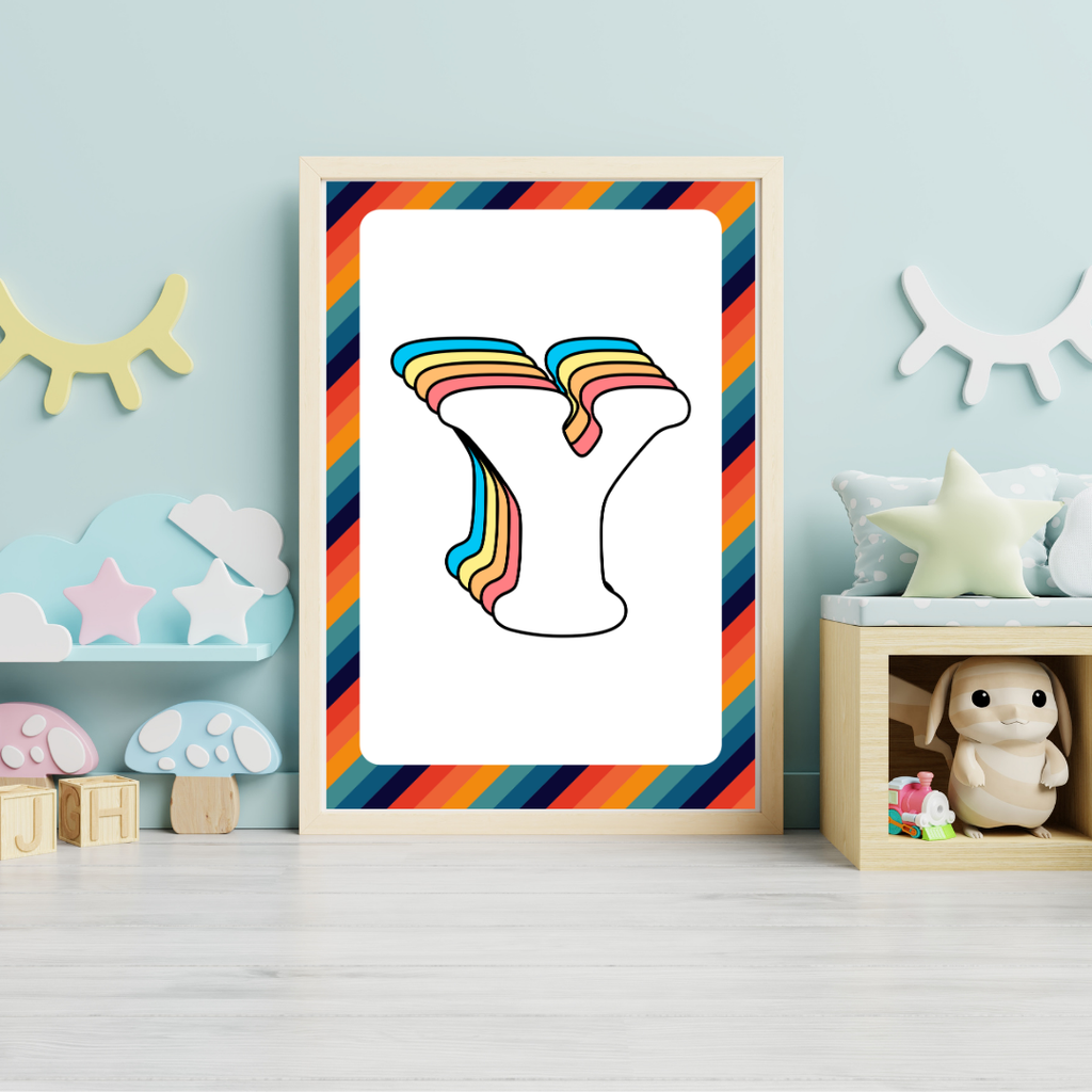 Retro rainbow initial alphabet print with striped border