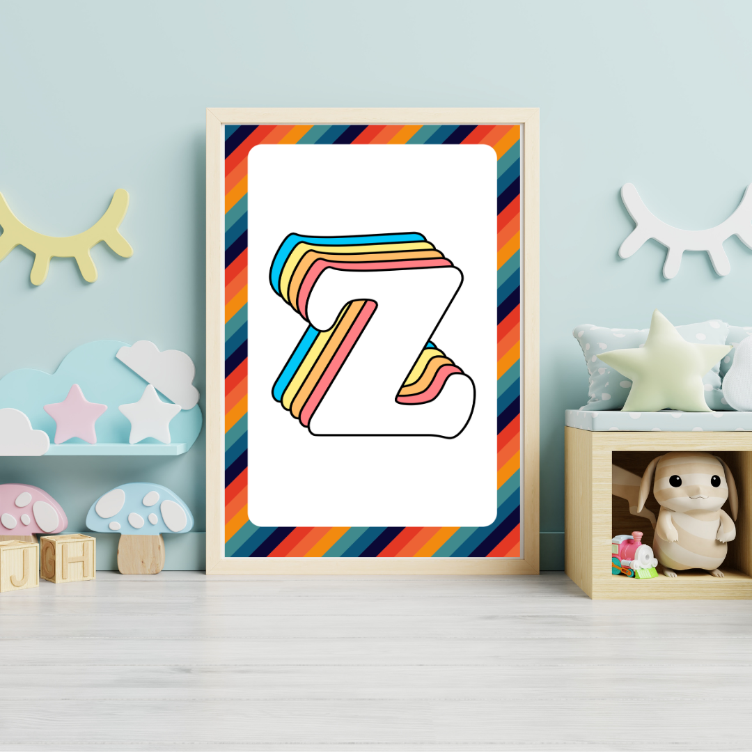 Retro rainbow initial alphabet print with striped border