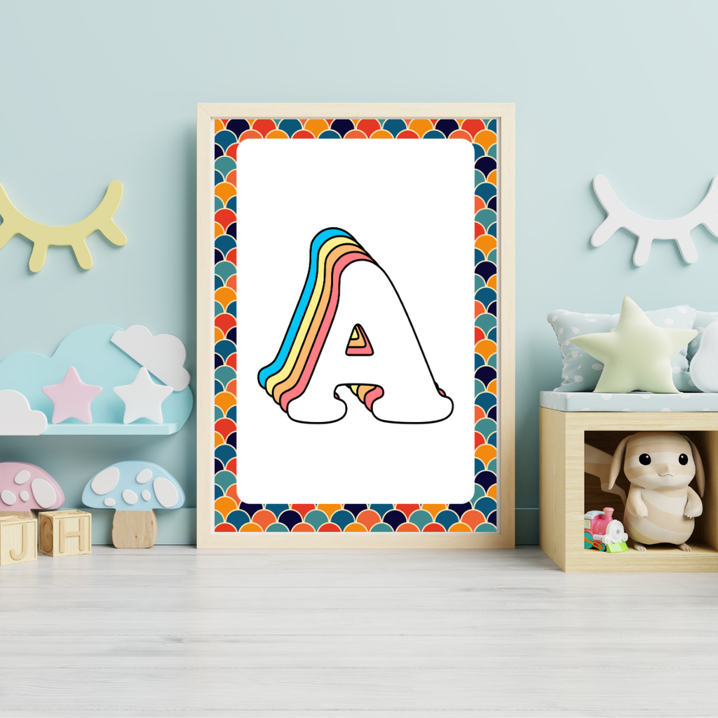 Retro rainbow initial alphabet print with scalloped border