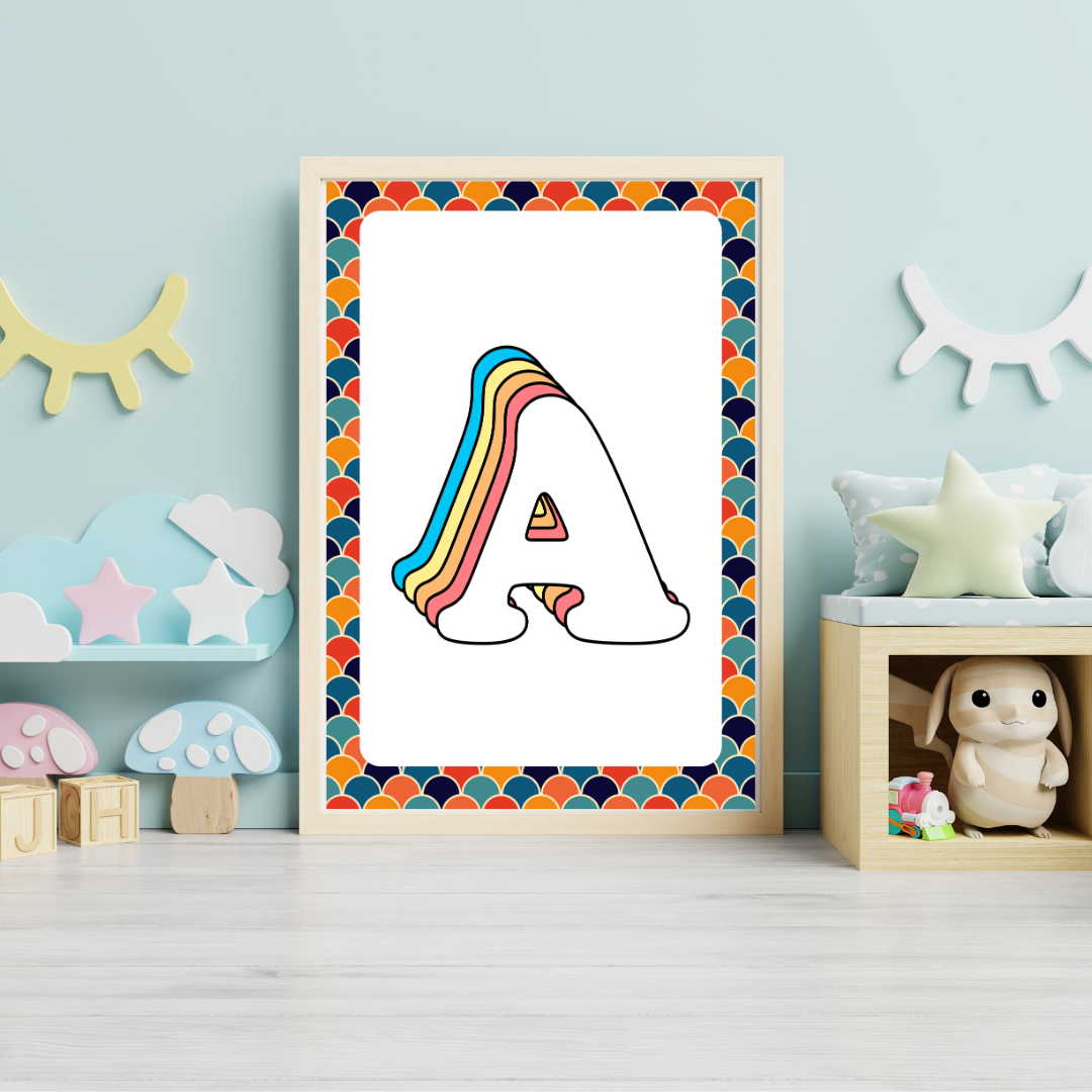Retro rainbow initial alphabet print with scalloped border