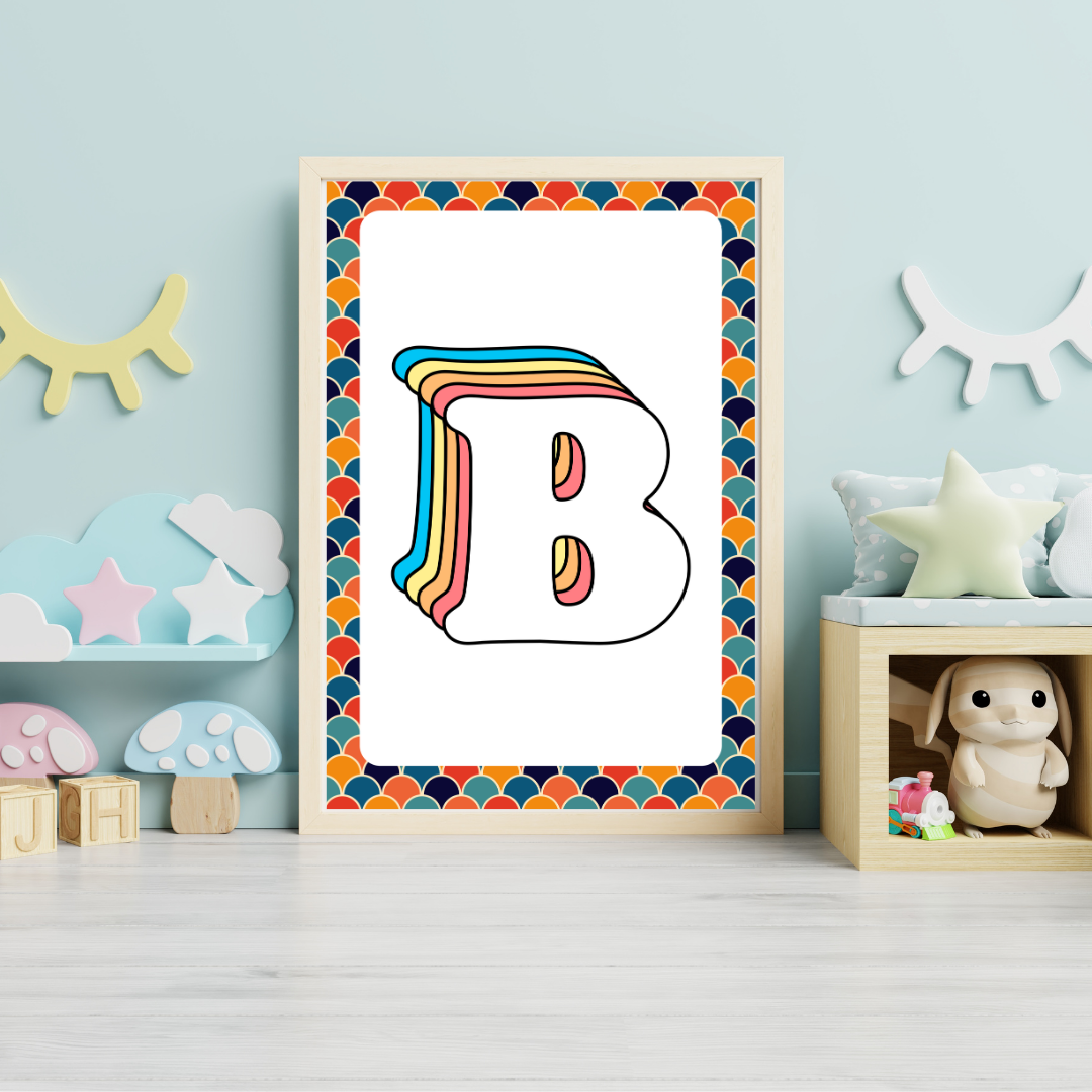 Retro rainbow initial alphabet print with scalloped border