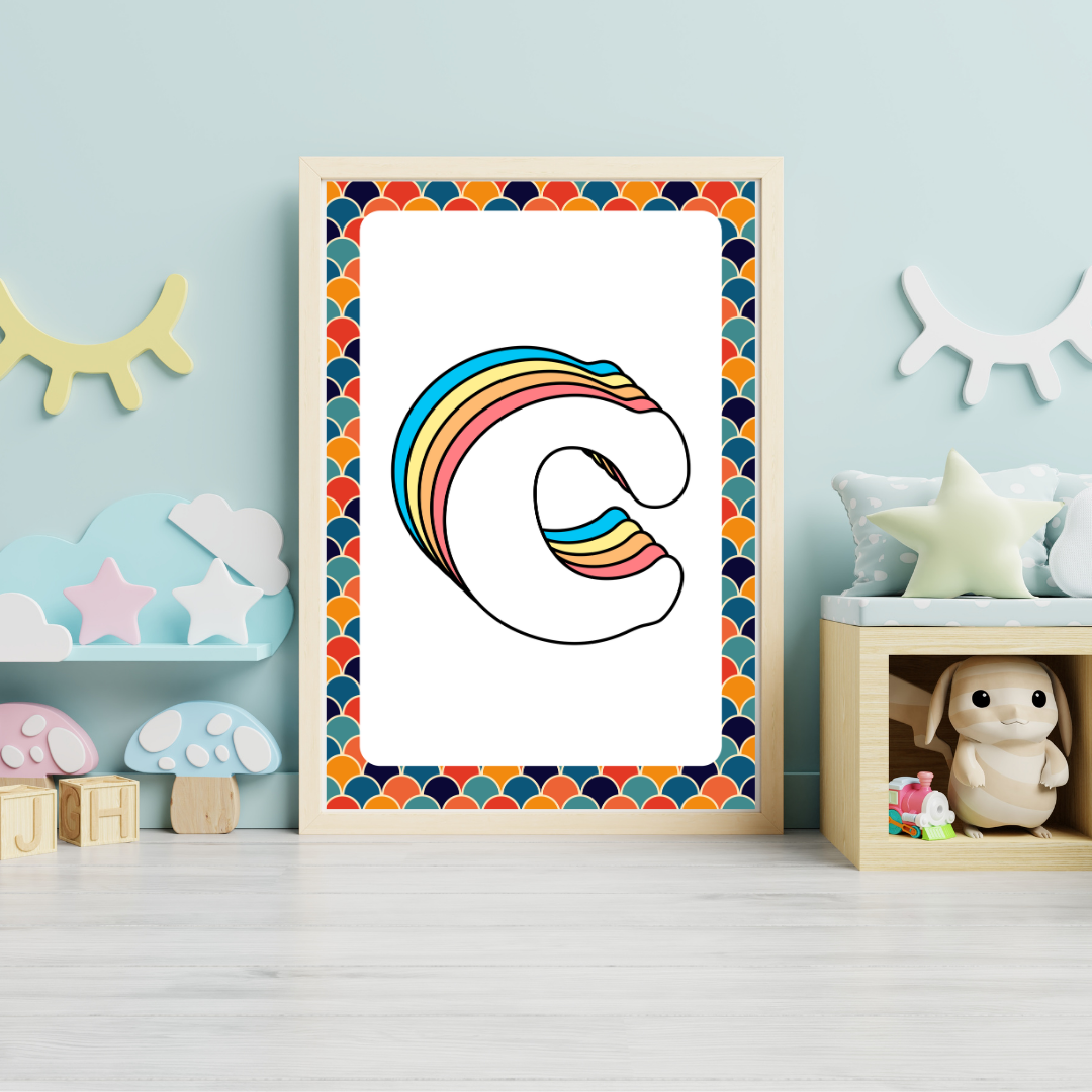 Retro rainbow initial alphabet print with scalloped border