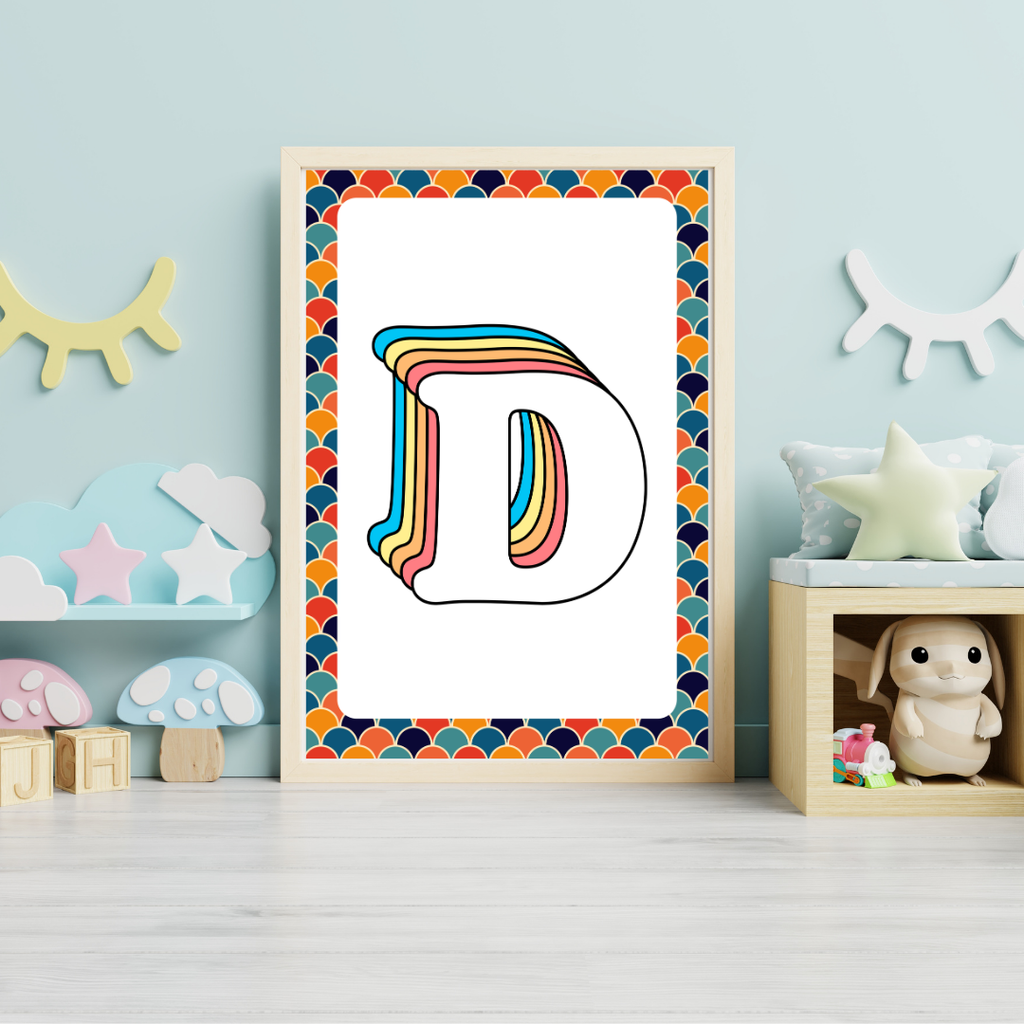 Retro rainbow initial alphabet print with scalloped border